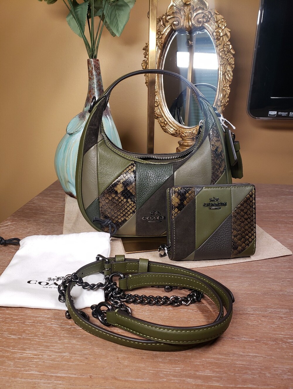 Coach Olive Green Patchwork Leather Crossbody Hobo Bag w/ Wallet SET! NWT!
